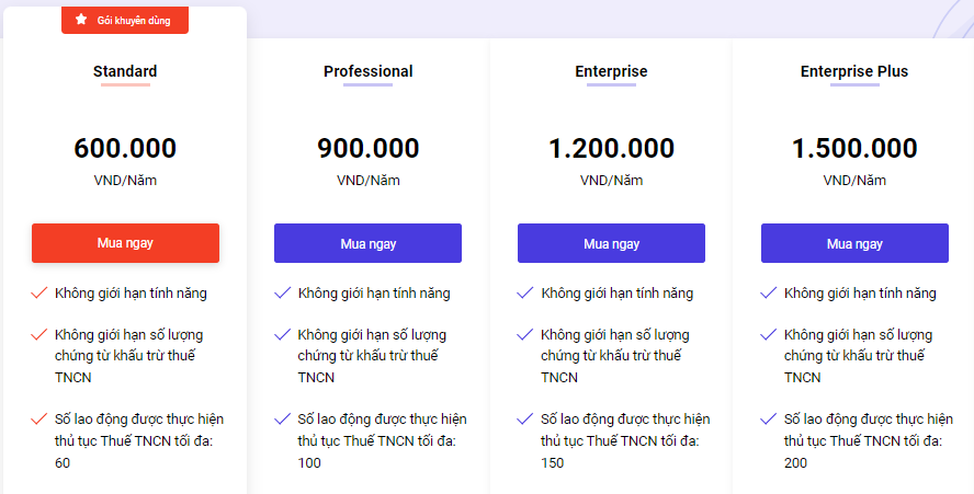 Báo giá chứng từ Thuế TNCN MISA AMIS